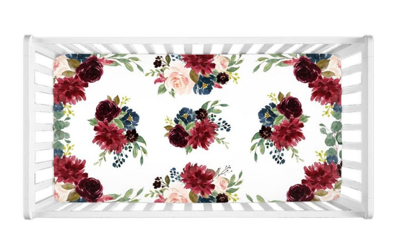 Floral Crib Sheet Blush Pink Burgundy Red Navy Blue Maroon Flowers Shower Gift Nursery  C114