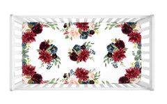 Floral Crib Sheet Blush Pink Burgundy Red Navy Blue Maroon Flowers Shower Gift Nursery  C114