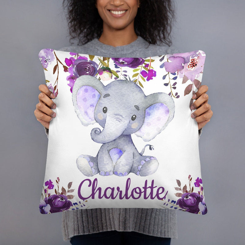 Elephant Floral Girl Throw Pillow Nursery Purple Lavender Flowers Bedroom Room Decor Cushion Girl Name Watercolor Monogram Playroom P211