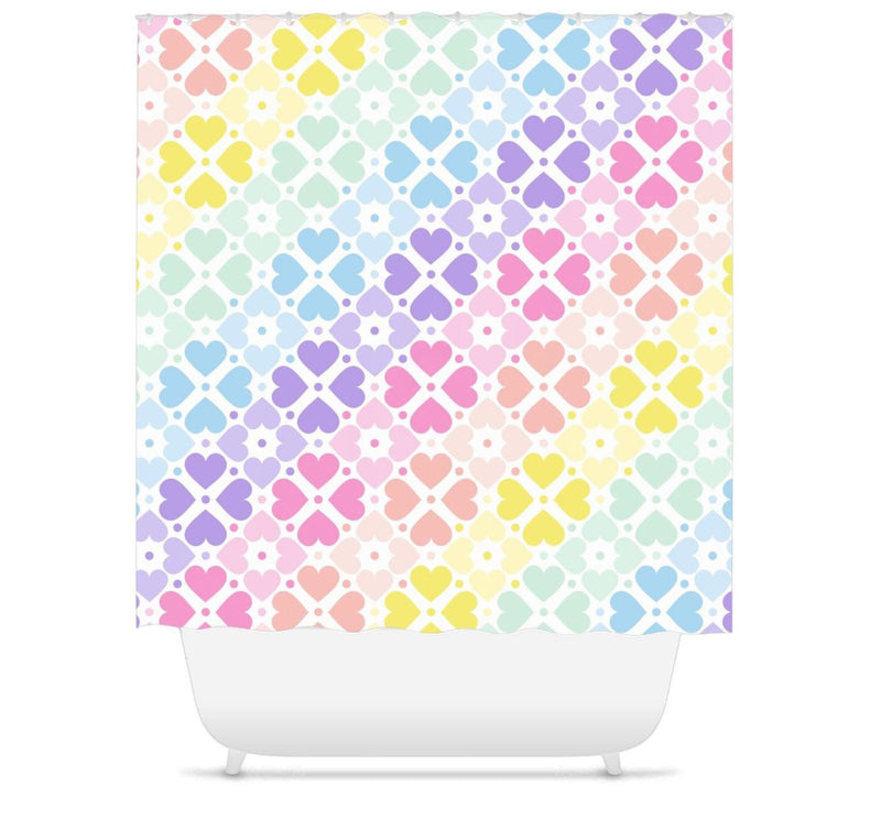 Rainbow Hearts Kids Shower Curtain Pastel Purple Pink Teal Blue Yellow Green Baby Girl Bathroom Decor Bath Mat S165