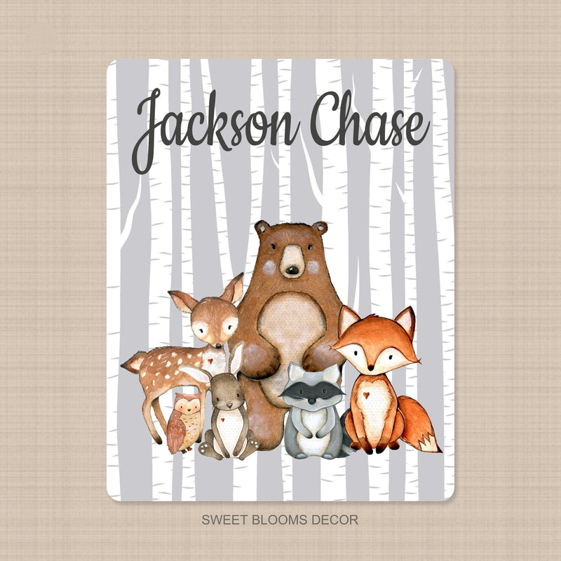 Woodland Animals Baby Boy Name Blanket Birch Trees Gray Bear Fox Raccoon Deer Bunny Owl Baby Shower Gift Nursery Crib Bedding B1116