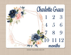 Milestone Blanket Personalized Girl Floral Coral Blush Pink Navy Blue Newborn Baby Girl Watercolor Flowers Baby Shower Gift Monthly B1086