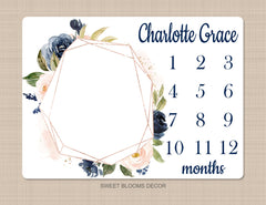 Milestone Blanket Personalized Girl Floral Coral Blush Pink Navy Blue Newborn Baby Girl Watercolor Flowers Baby Shower Gift Monthly B1087