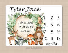 Woodland Milestone Blanket Personalized Rustic Forest Animals Greenery Log Bear Fox Deer Raccoon Newborn Photo Prop Baby Shower Gift B1095