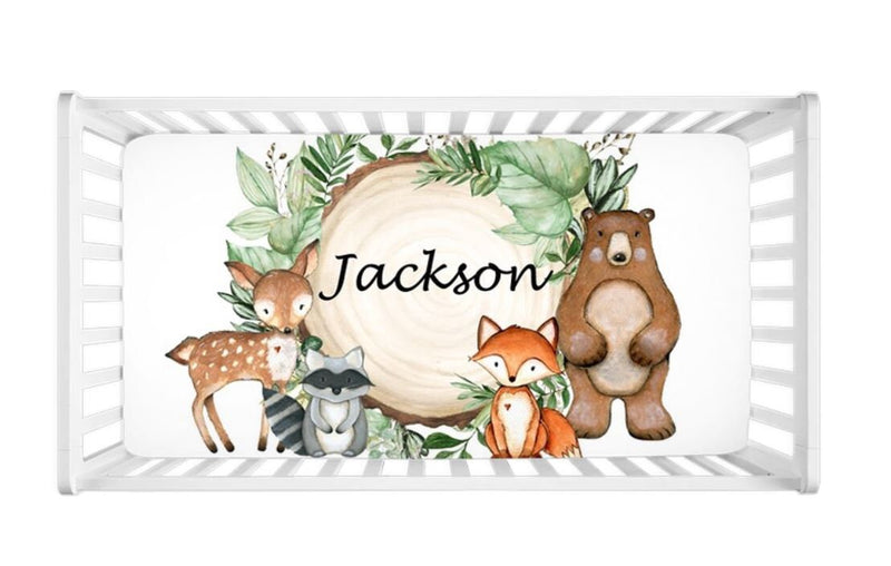 Woodland Animals Crib Sheet Greenery Leaves Newborn Baby Shower Gift Forest Log Bear Fox Deer Raccoon C115