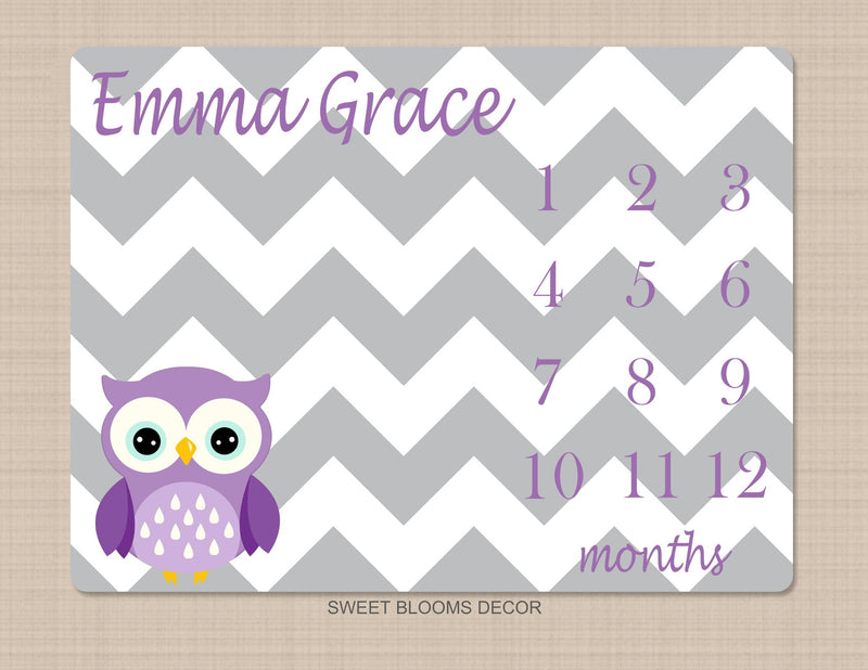 Owls Milestone Blanket Baby Girl Purple Gray Chevron Personalized Name Blanket Monthly Growth Tracker Newborn Blanket Baby Shower Gift 610