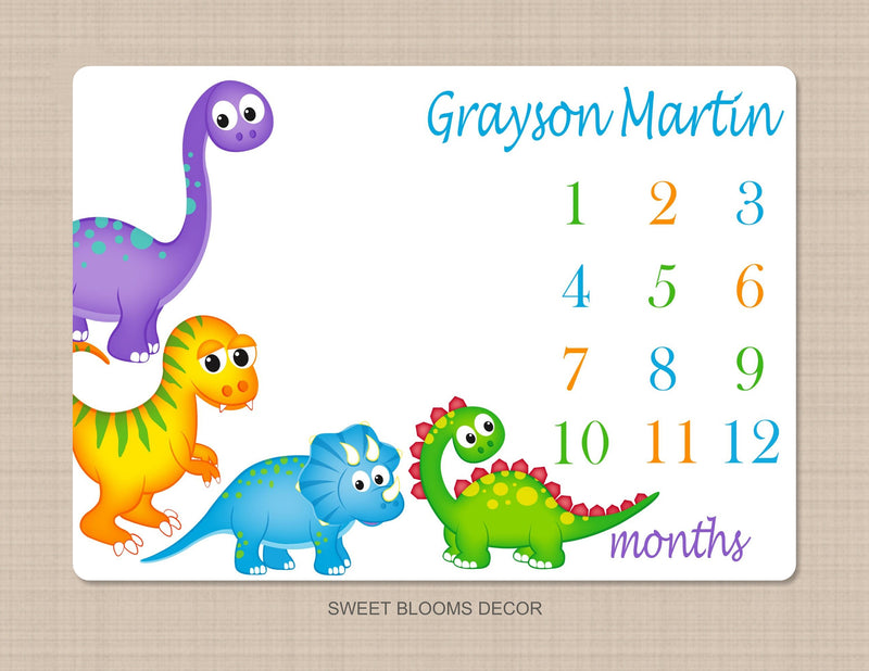 Dinosaurs Milestone Blanket Baby Boy Monthly Growth Tracker Newborn Name Blanket Baby Shower Gift Bedding Nursery Decor Green Orange B1124