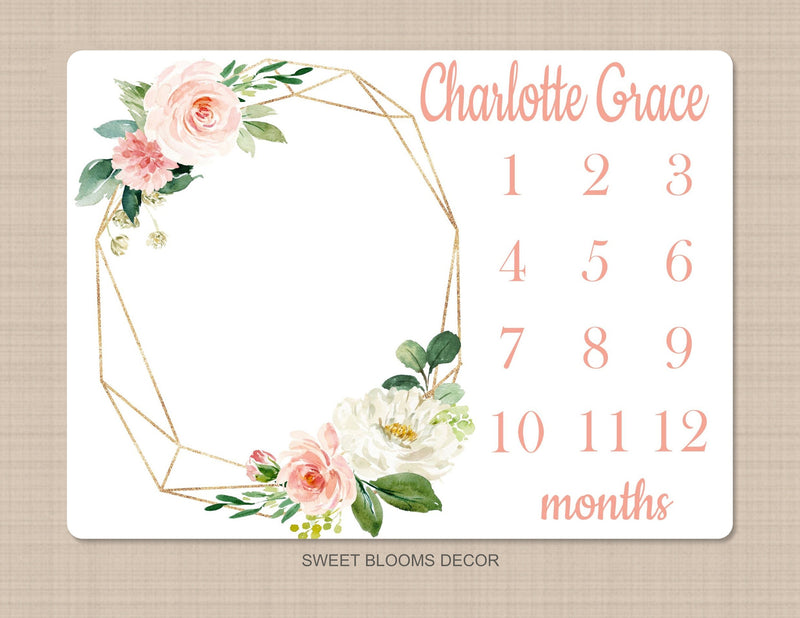 Girl Floral Milestone Blanket Gold Wreath Coral Pink Blush Flowers Personalized Newborn Baby Watercolor Roses Baby Shower Gift B1126