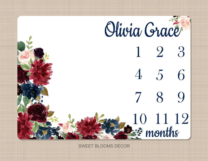 Burgundy Navy Blue Floral Milestone Blanket Red Maroon Watercolor Flowers Roses Baby Name Shower Gift Monthly Tracker B1134