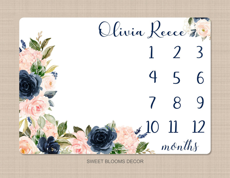 Navy Blue Blush Pink Floral Milestone Blanket Watercolor Coral Pink Flowers Roses Personalized Baby Name Shower Gift Monthly Tracker B1136