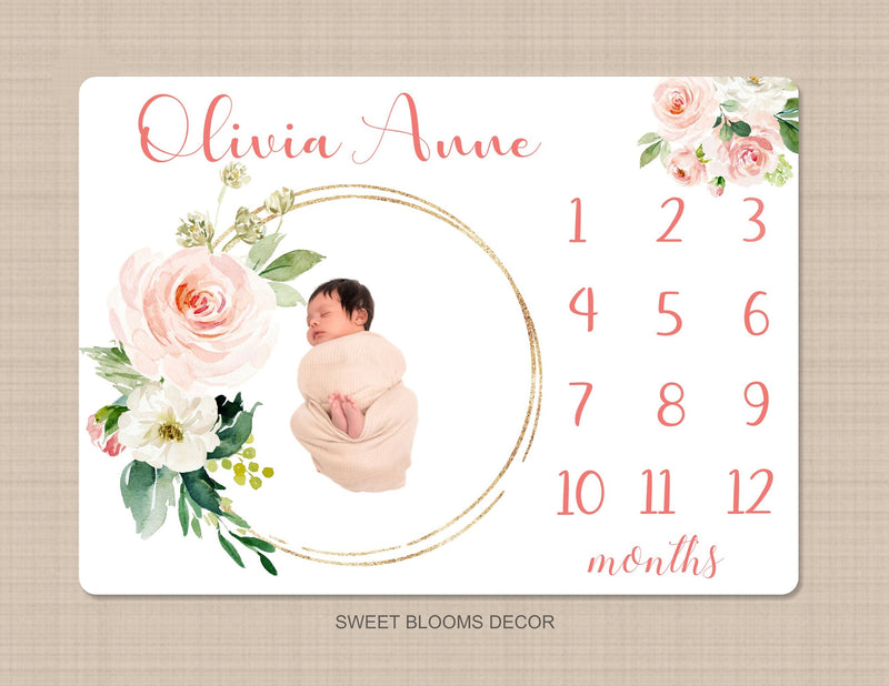 Blush Pink Floral Milestone Blanket Pink Coral Gold Roses Flowers Ring Monthly Growth Tracker Newborn Baby Girl Name Baby Shower Gift B1139