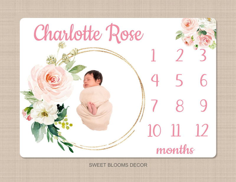 Blush Pink Floral Milestone Blanket Pink Coral Gold Roses Flowers Ring Monthly Growth Tracker Newborn Baby Girl Name Baby Shower Gift B1140