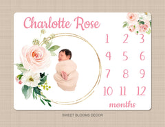 Blush Pink Floral Milestone Blanket Pink Coral Gold Roses Flowers Ring Monthly Growth Tracker Newborn Baby Girl Name Baby Shower Gift B1140