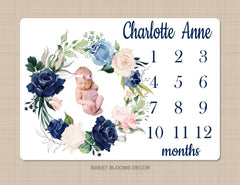 Navy and Blush Floral Milestone Blanket Coral Blush Pink Flowers Watercolor Roses Personalized Newborn Baby Shower Gift Monthly  B1142