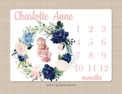 Floral Milestone Blanket Navy Blue and Blush Pink Coral Flowers Watercolor Roses Personalized Newborn Baby Shower Gift Monthly  B1144