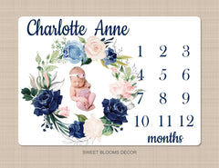 Floral Milestone Blanket Navy Blue and Blush Pink Coral Flowers Watercolor Roses Personalized Newborn Baby Shower Gift Monthly  B1145