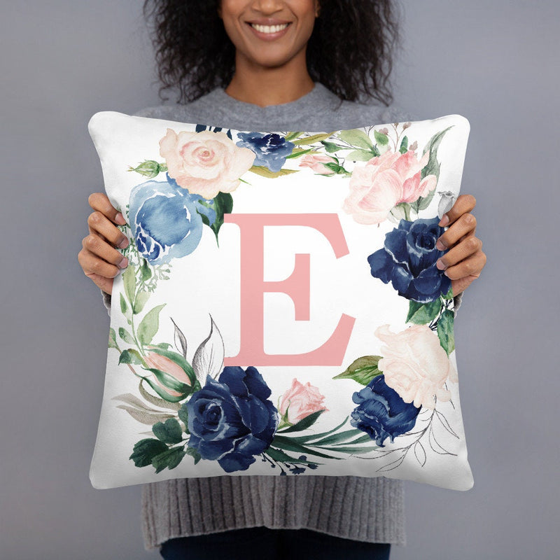 Floral Girl Name Throw Pillow Navy Blue Blush Pink Coral Flowers Wreath Nursery Bedroom Room Decor Cushion  Watercolor Monogram Bedding P218