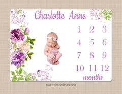 Purple Floral Milestone Blanket Lavender Lilac Flowers Watercolor Roses Personalized Newborn Baby Girl Shower Gift Growth Tracker  B1153