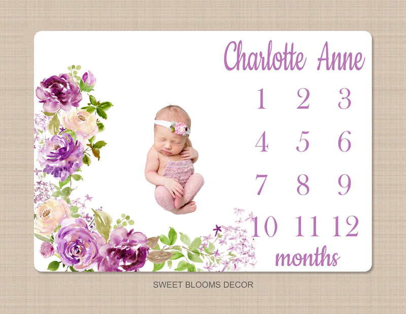 Floral Milestone Blanket Purple Lavender Lilac Flowers Watercolor Roses Personalized Newborn Baby Girl Shower Gift Growth Tracker  B1152