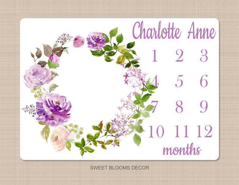 Floral Milestone Blanket Purple Lavender Lilac Flowers Wreath Watercolor Roses Personalized  Baby Girl Shower Gift Growth Tracker  B1151