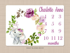 Purple Floral Elephant Milestone Blanket Lavender Lilac Flowers Watercolor Roses Personalized Newborn Baby Girl Shower Gift B1149