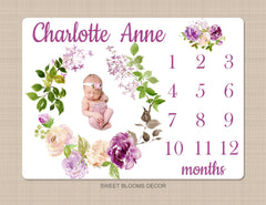 Purple Floral Milestone Blanket Lavender Lilac Flowers Watercolor Roses Personalized Newborn Baby Girl Shower Gift Growth Tracker  B1146