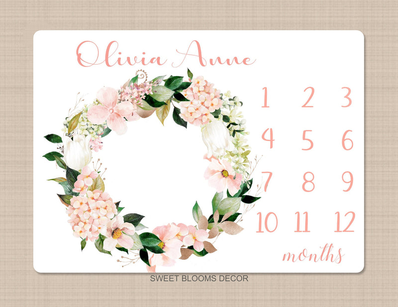 Blush Floral Milestone Blanket Pink Coral Flowers Hydrangea Wreath Monthly Growth Tracker Newborn Baby Girl Name Baby Shower Gift B1163