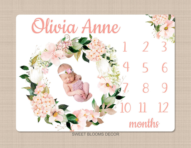 Blush Floral Milestone Blanket Pink Coral Flowers Hydrangea Wreath Monthly Growth Tracker Newborn Baby Girl Name Baby Shower Gift B1164