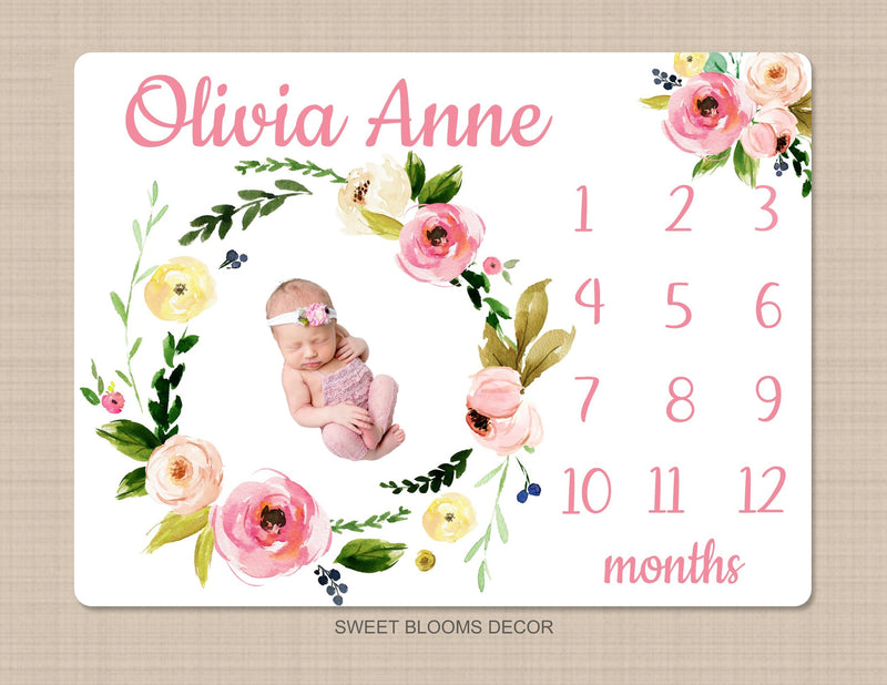 Blush Pink Floral Milestone Blanket Pink Coral Flowers Roses Wreath Monthly Growth Tracker Newborn Baby Girl Name Baby Shower Gift B1179