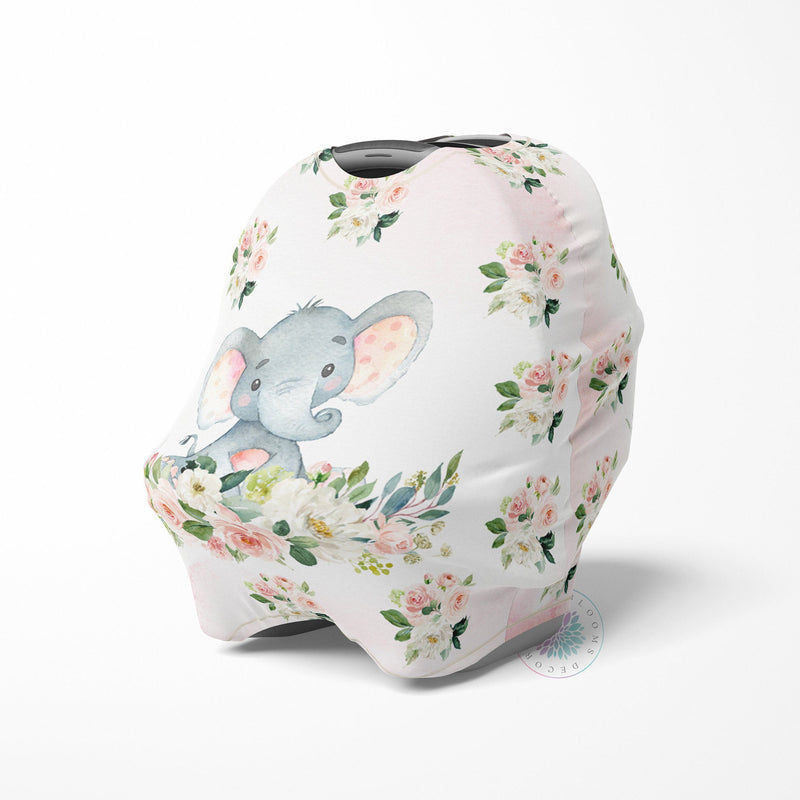 Elephant Baby Car Seat Cover Canopy Blush Pink Floral Girl Baby Shower Gift Shopping Cart Highchair Nursing Privacy Carseat Cover C102