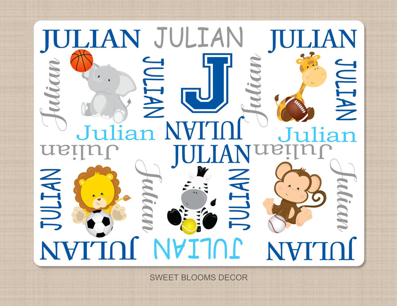 Safari Animals Sports Baby Name Blanket Personalized Monogram Baby Blanket Elephant Lion Monkey Giraffe Blanket Baby Future All Star B1191