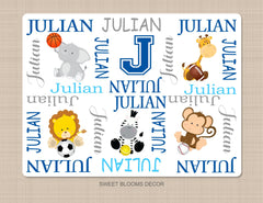 Safari Animals Sports Baby Name Blanket Personalized Monogram Baby Blanket Elephant Lion Monkey Giraffe Blanket Baby Future All Star B1191