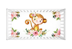 Monkey Baby Girl Crib Sheet Watercolor Coral Blush Pink Floral Newborn Baby Girl Flowers Shower Gift Nursery C117