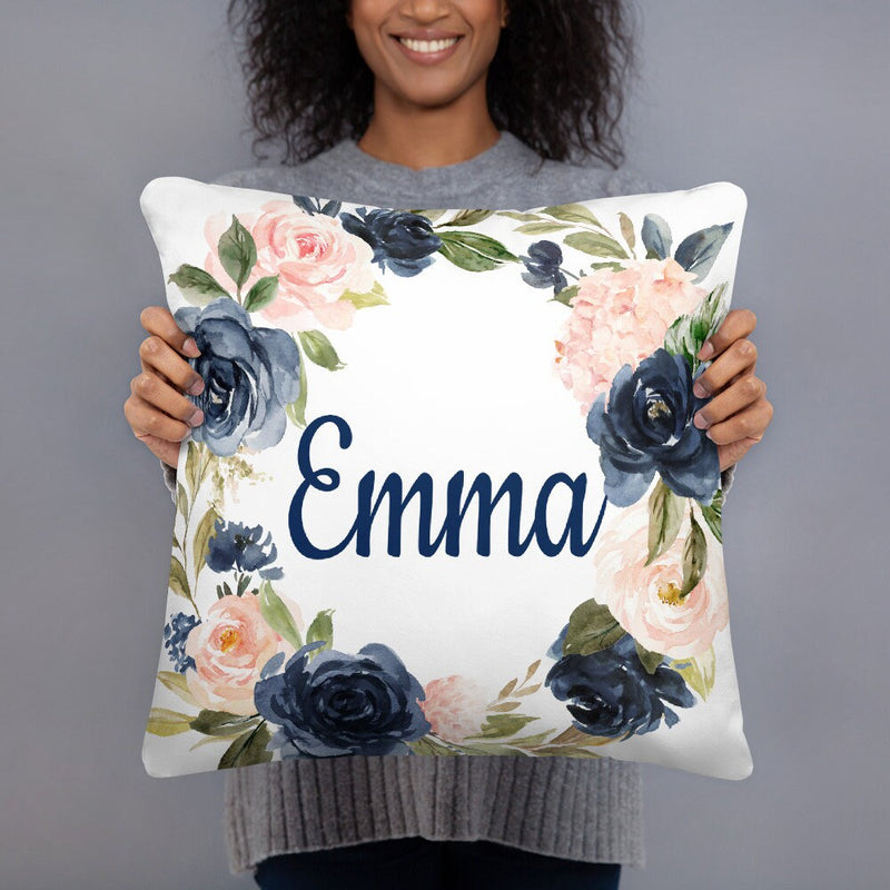 Floral Girl Name Throw Pillow Navy Blue Blush Pink Coral Flowers Wreath Nursery Bedroom Room Decor Cushion  Watercolor Monogram Bedding 210