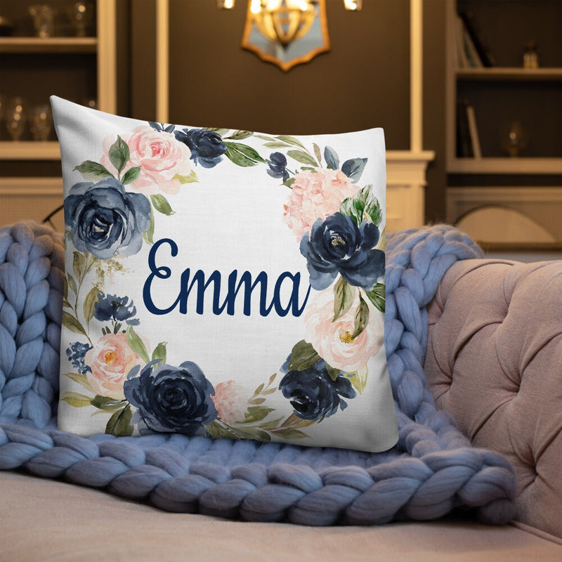 Floral Girl Name Throw Pillow Navy Blue Blush Pink Coral Flowers Wreath Nursery Bedroom Room Decor Cushion  Watercolor Monogram Bedding 210