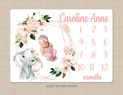 Elephant Floral Milestone Blanket Blush Pink Coral Gold Flowers Animals Monthly Growth Tracker Newborn Baby Girl Name Baby Shower Gift B1170