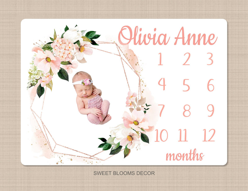 Floral Milestone Blanket Blush Pink Coral Gold Flowers Baby Girl Monthly Growth Tracker Newborn Baby Shower Gift B1169