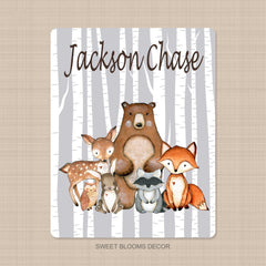 Woodland Animals Baby Boy Name Blanket Birch Trees Gray Bear Fox Raccoon Deer Bunny Owl Baby Shower Gift Nursery Crib Bedding B1117