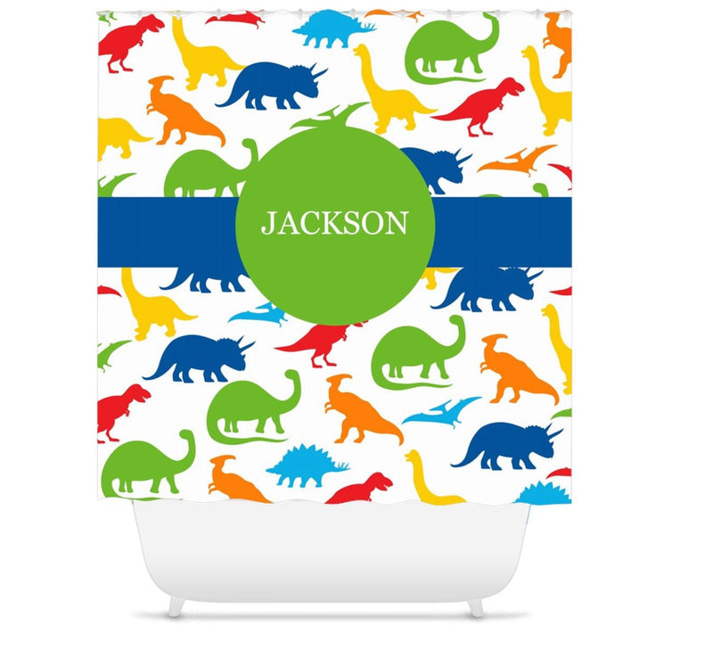 Dinosaur Shower Curtain Name Monogram Kids Shower Curtain Bath Mat Red Green Orange Yellow Blue Bathroom Decor S166