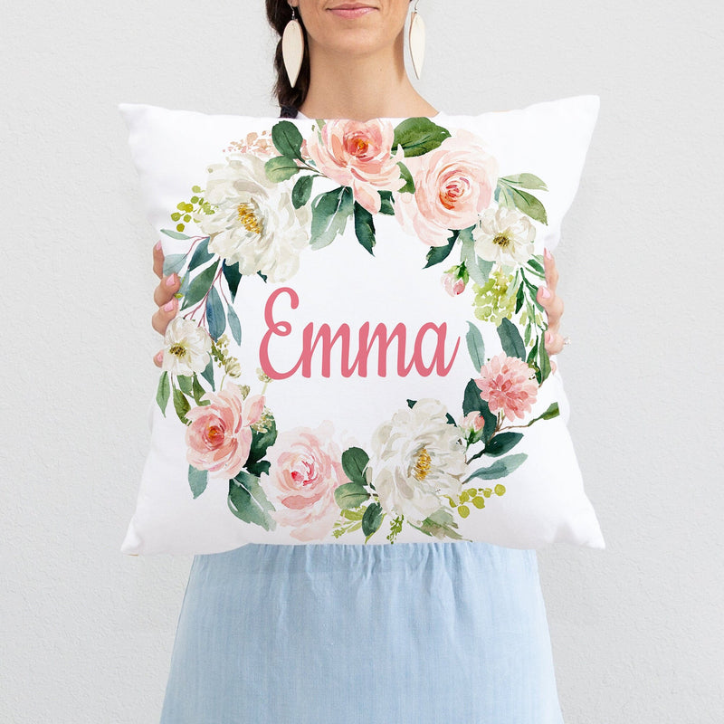 Floral Girl Name Throw Pillow Blush Pink Coral Flowers Leaves Wreath Nursery Bedroom Room Decor Cushion  Watercolor Monogram Bedding  182