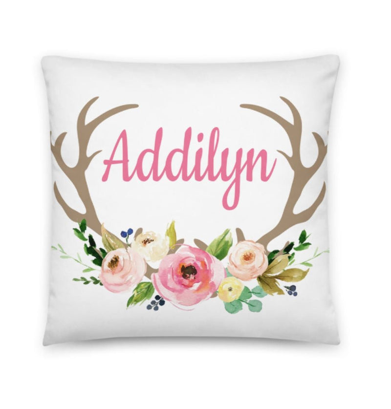 Floral Deer Antlers Nursery Throw Pillow Personalized Name Baby Girl Flowers Bedroom Decor Crib Bedding Shower Gift Nursery Decor   P215