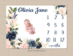 Girl Milestone Blanket Personalized Floral Monthly Baby Blanket Navy Blush Pink Watercolor Flowers Roses Baby Shower Gift  Newborn B1213