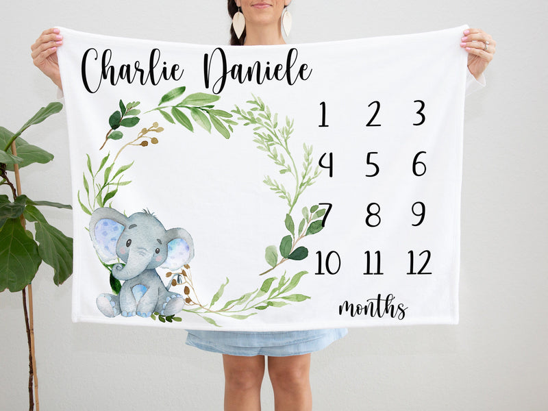 Milestone Blanket Boy Elephant Personalized Milestone Blanket Monthly Growth Tracker Safari Animals Baby Shower Gift Newborn Gift  B1214