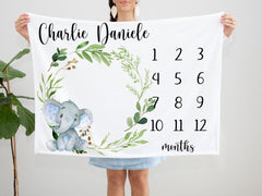 Milestone Blanket Boy Elephant Personalized Milestone Blanket Monthly Growth Tracker Safari Animals Baby Shower Gift Newborn Gift  B1214