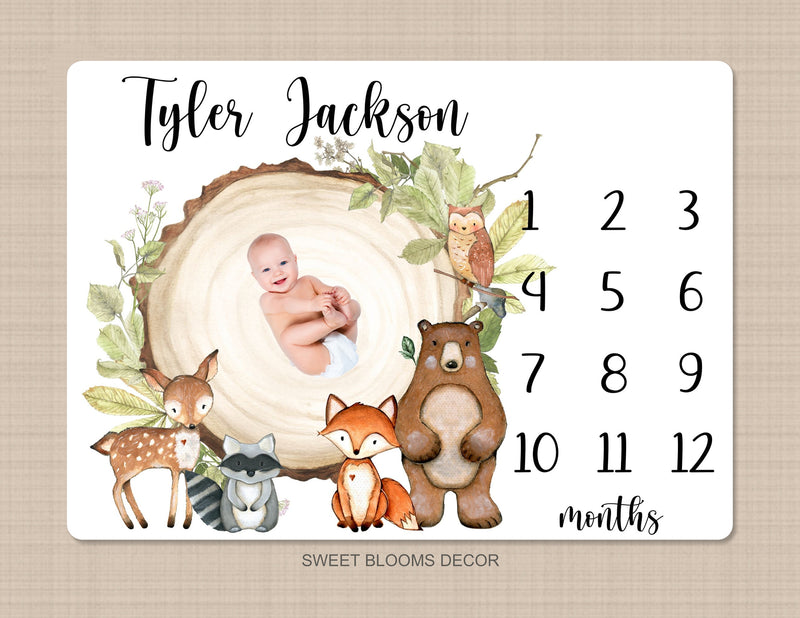 Woodland Milestone Blanket Personalized Baby Boy Monthly Blanket Newborn Baby Shower Gift Gowth Tracker Fox Bear Deer Raccoon Animals B1215