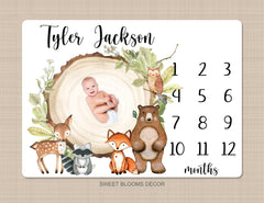 Woodland Milestone Blanket Personalized Baby Boy Monthly Blanket Newborn Baby Shower Gift Gowth Tracker Fox Bear Deer Raccoon Animals B1215