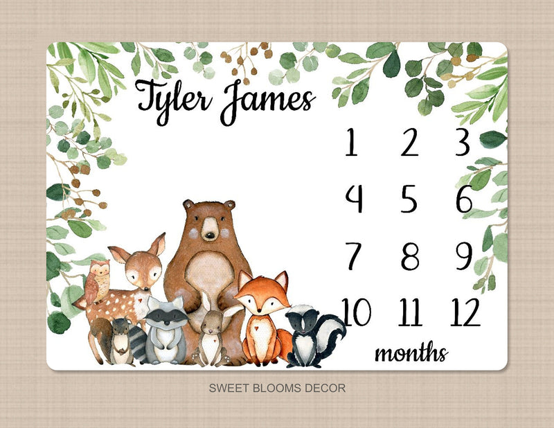 Woodland  Milestone Blanket Eucalyptus Greenery Leaves Personalized Monthly Growth Tracker Woodland Animals Newborn Baby Shower Gift  B1216