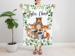 Woodland Animals Name Blanket Personalized Boy Eucalyptus Greenery Leaves Trees Bear Fox Raccoon Deer Bunny Owl Baby Shower Gift B1217 Sweet Blooms Design Co