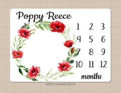 Red Poppy Flower Milestone Blanket, Baby Girl Floral Monthly Blanket, Gowth Tracker, Keepsake May Newborn Baby Shower Gift  B1218