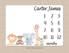 Safari Animals Milestone Blanket Monthly Growth Tracker Personalized Watercolor Jungle Boy Girl Animals Newborn Baby Shower Gift B1132